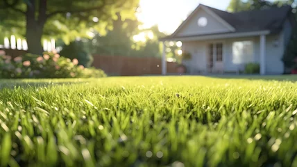  Green backyard garden and blurred house in background. Generative ai design art concept. © Stockpics