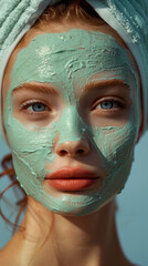 Fototapeta premium Refreshed Woman With Full Green Clay Mask, Blue Eyes Open