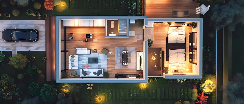 Tiny house floor plan 3d illustration. Generative ai design concept art.
