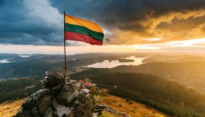 The Flag of Lithuania On The Mountain. - obrazy, fototapety, plakaty