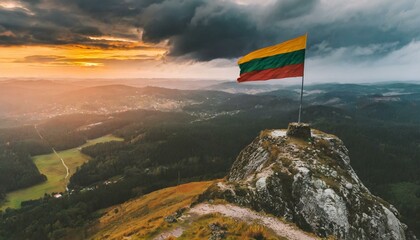 The Flag of Lithuania On The Mountain.