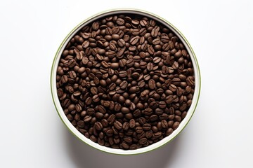 A bowl overflowing with rich coffee beans rests on a pristine white table