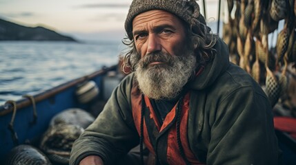 A man sits peacefully in a boat on calm blue waters - obrazy, fototapety, plakaty