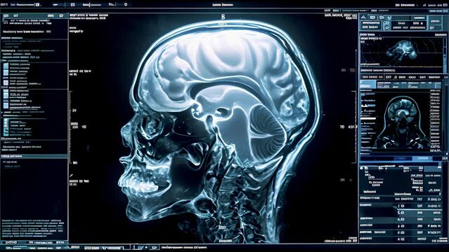 Closeup of a CT scan with brain. Medical, science and education mri brain background. Red glow,stroke,brain tumor,cerebral infarction. Medical health concept. Science 4k video