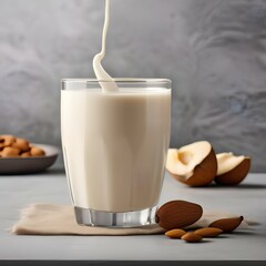 A glass of creamy cashew almond milk with a splash of honey5 - obrazy, fototapety, plakaty
