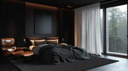 A dark bedroom with a white bed