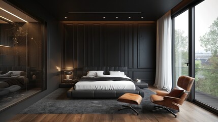 A dark bedroom with a white bed