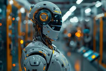 Fototapeta premium A close-up of a sophisticated robot's head, showcasing cutting-edge technology and artificial intelligence in a modern industrial setting..