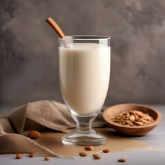 A glass of creamy quinoa almond milk with a splash of honey1 - obrazy, fototapety, plakaty
