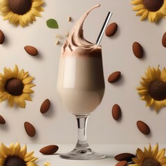A glass of creamy sunflower almond milk with a sprinkle of cocoa powder3 - obrazy, fototapety, plakaty