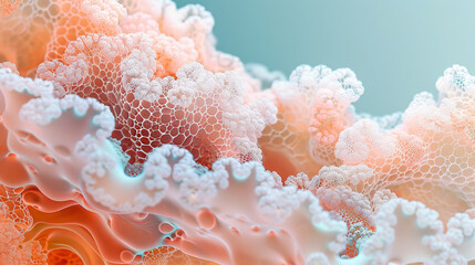 Stunning fantasy corals bloom above the water's surface, their pink formations splashed with sparkling water droplets in an ethereal seascape..