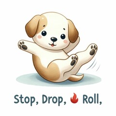 Pet practicing "stop, drop, and roll." watercolor illustration, Perfect for nursery art, white background.