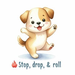 Pet practicing "stop, drop, and roll." watercolor illustration, Perfect for nursery art, white background.