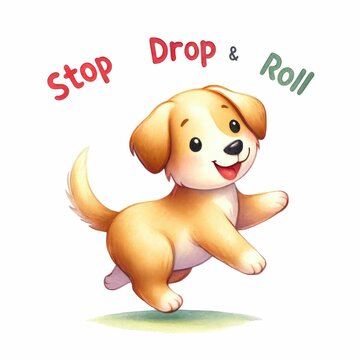 Pet practicing "stop, drop, and roll." watercolor illustration, Perfect for nursery art, white background.