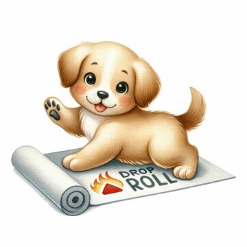Pet practicing "stop, drop, and roll." watercolor illustration, Perfect for nursery art, white background.