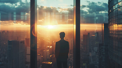 Fototapeta premium Businessman Overlooking Cityscape at Sunset