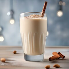 A glass of creamy macadamia almond milk with a sprinkle of cinnamon5 - obrazy, fototapety, plakaty