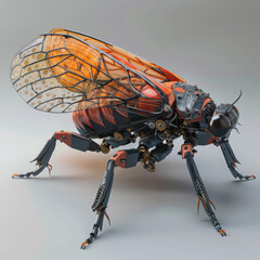 A robotic cicada emulates insect features, crafted for lifelike movements, potentially used in research, environmental monitoring, or educational purposes 3D (Generative Ai)