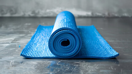 Blue rolled yoga mat laid on floor. Sport, yoga, pilates, fitness, useful beneficial habits, active lifestyle, exercises at home concept
