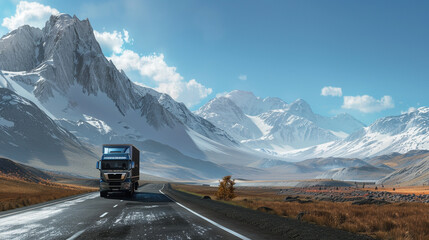 Embark on a journey with an AI-generated image capturing the front view of a single truck traveling on a road leading to majestic mountains on a sunn day. 
