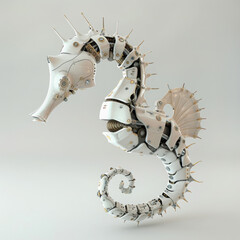 A robotic seahorse mimics the marine creature, designed with delicate features, capable of underwater movement, utilized in ocean exploration or educational displays 3D (Generative Ai)