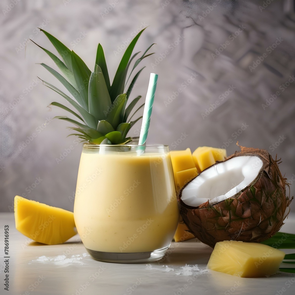 Wall mural A refreshing coconut pineapple smoothie with a coconut and pineapple slice4