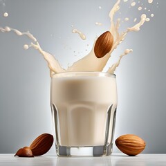 A glass of creamy cashew almond milk with a splash of honey3 - obrazy, fototapety, plakaty