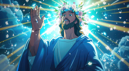 Fototapeta premium Jesus with blue robes and crown of flowers on his head, holding up one hand in prayer with light shining out from behind him