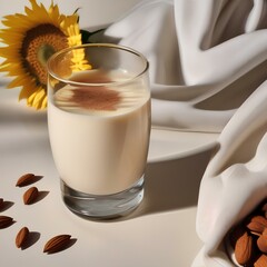 A glass of creamy sunflower almond milk with a sprinkle of cinnamon4 - obrazy, fototapety, plakaty