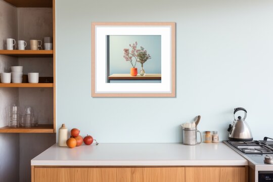 A modern kitchen with stove top oven and a framed picture hanging on the wall