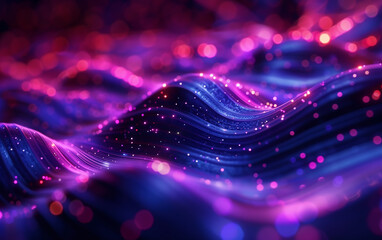 Abstract background with purple and blue technology glowing neon lines and bokeh lights. 