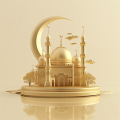 Ramadan Kareem: Golden Mosque and Crescent Moon on Background. 3D Render for Greeting Cards, Banners, and Posters