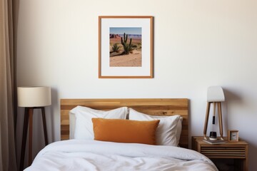 A bed with a white comforter and a picture hanging on the wall