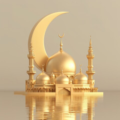 Ramadan Kareem: Golden Mosque and Crescent Moon on Background. 3D Render for Greeting Cards, Banners, and Posters