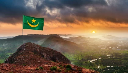 Badezimmer Foto Rückwand The Flag of Mauritania On The Mountain. © Daniel