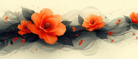 a two orange flowers on a black and white background