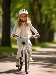 A young girl joyfully rides a bike down a tree-lined street