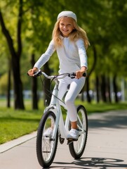 A little girl with pigtails joyfully rides her bike down a sidewalk