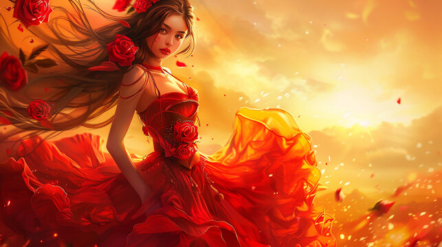 A graceful flamenco dancer in red, roses entangled in hair, sunset behind.
