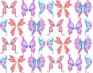Vector seamless magic pattern with cartoon fairy wings on a white background. Neon texture with butterfly wings for fabrics and wallpapers