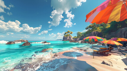 Embark on a visual journey to a paradisiacal beach during summer. Crystal blue waters meet a sky...