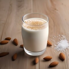 A glass of creamy sesame almond milk with a sprinkle of sea salt4 - obrazy, fototapety, plakaty
