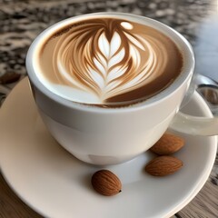 A glass of frothy almond milk latte with latte art4