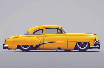 Retro car, side view, isolated on light gray background. Classic yellow vintage  automotive cartoon 2d  illustration. For  banner, collectors, posters, card.