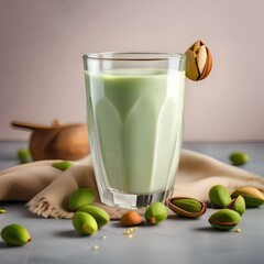 A glass of creamy pistachio almond milk with a sprinkle of cardamom2 - obrazy, fototapety, plakaty