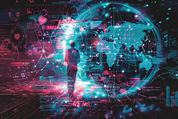 Fototapeta premium A man stands gazing at a globe enveloped by a network of luminous connections, symbolizing global communication and data exchange..
