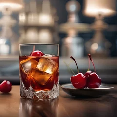 Fotobehang A classic old fashioned cocktail with a cherry garnish2 © Ai.Art.Creations
