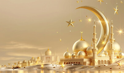 Ramadan Kareem: Golden Mosque and Crescent Moon on Background. 3D Render for Greeting Cards, Banners, and Posters