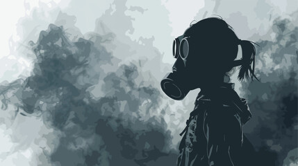 Child wears a gas mask against a backdrop of smoke fl - obrazy, fototapety, plakaty
