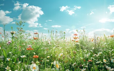 summer meadow with daisies and clouds on blue sky